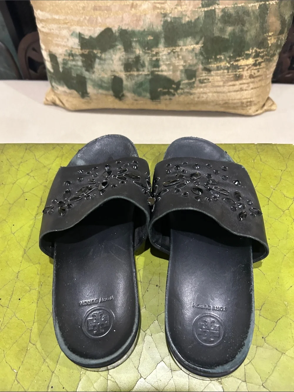 Tory Burch - 8.5 Black Jeweled Slide Sandals - Women's Slip-On Fashion Slides